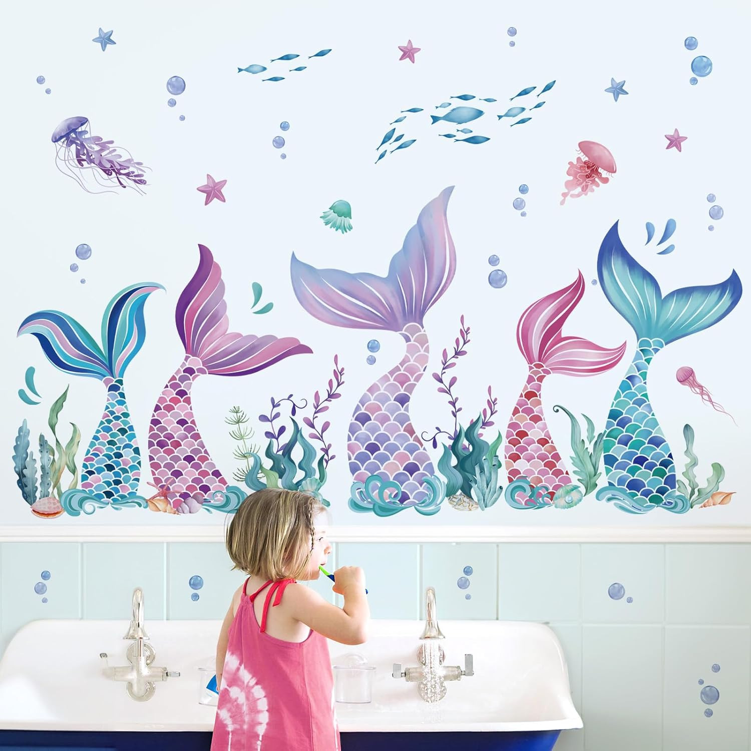 Wondever Mermaid Tail Wall Stickers under the Sea Mermaid Bubble Seaweed Peel an
