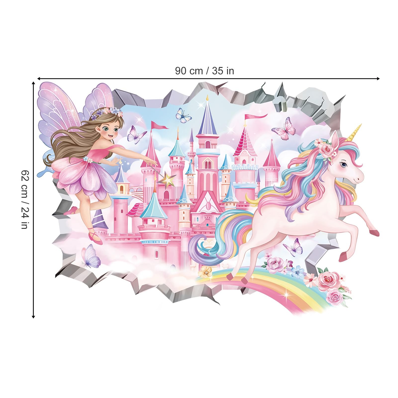 3D Fairy Princess Wall Decals Castle Unicorn Crack Hole Rainbow Wall Stickers…