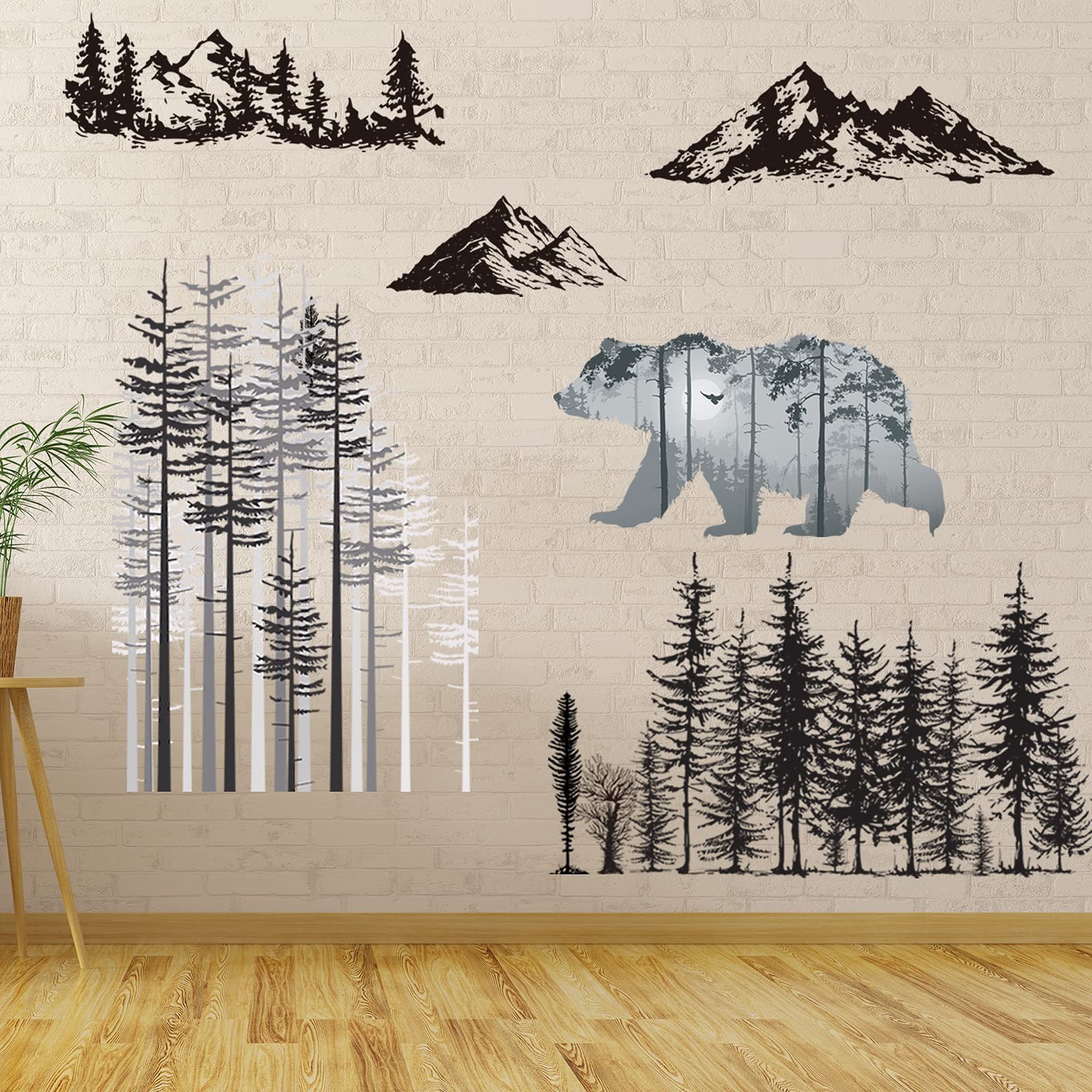 Outus 3 Sheets Mountain Forest Bear Wall Decals Stickers Pine Tree As Shown