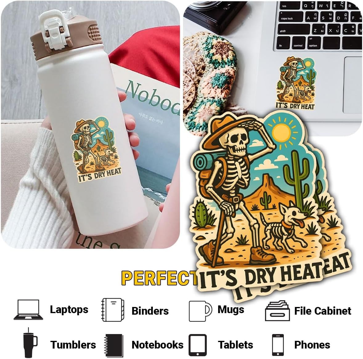 (3Pcs-3in) Skeleton Hiking in The Desert Stickers, Funny Spooky Adventure Vinyl