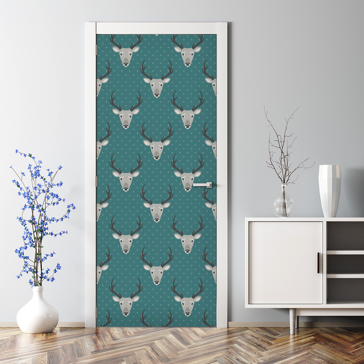 Bubble Free Door sticker grey deer pattern Dark turquoise with dots Kids room