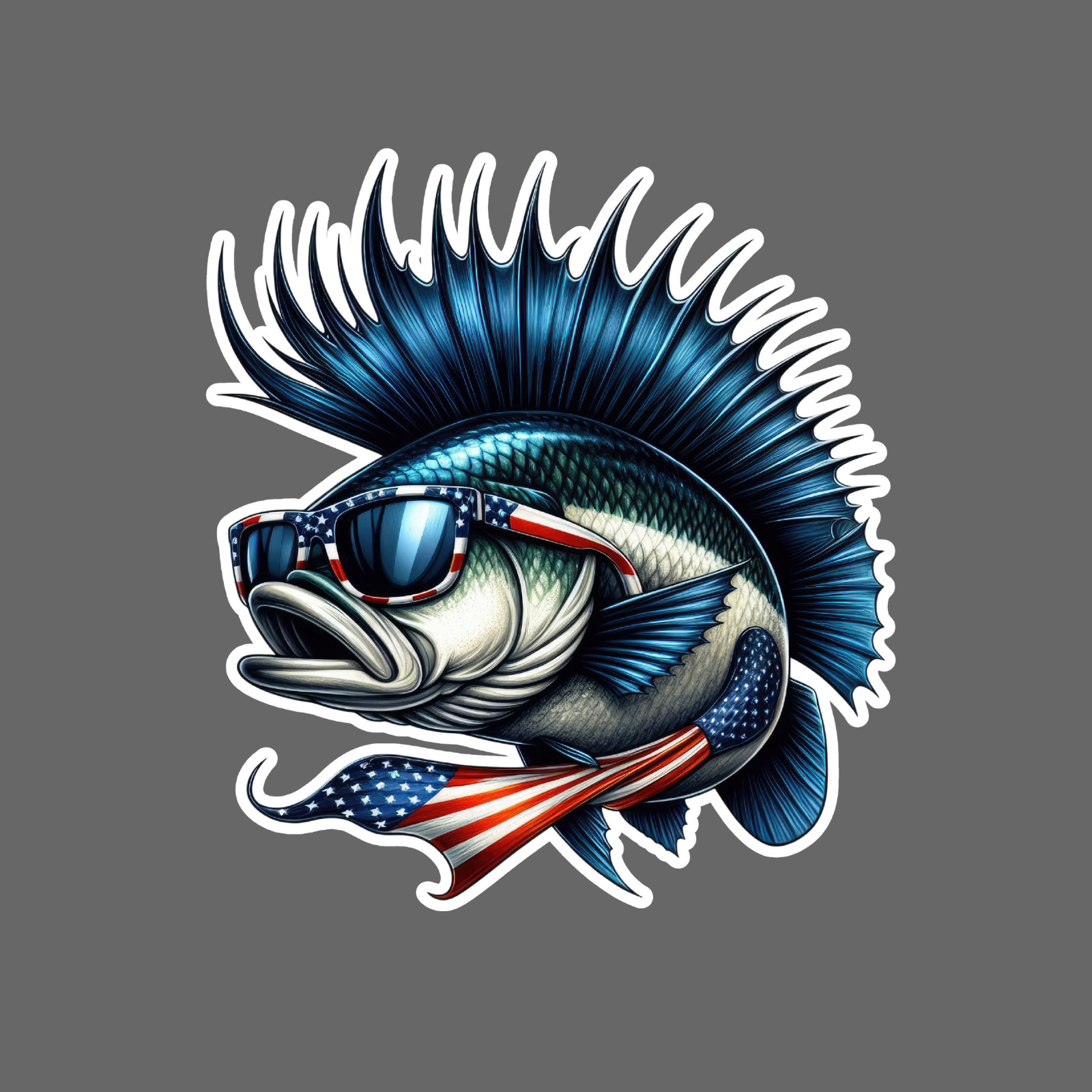 Fishing Sticker Vinyl Decal Patriotic Bass Spiked Fin With Flag Cool USA Style