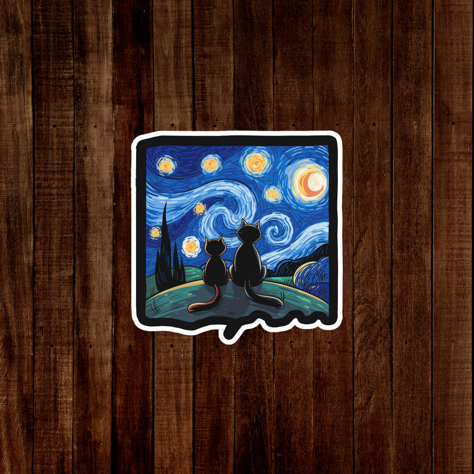 Starry Night Cats Art Sticker – Van Gogh Inspired Feline Fantasy Decal #1565