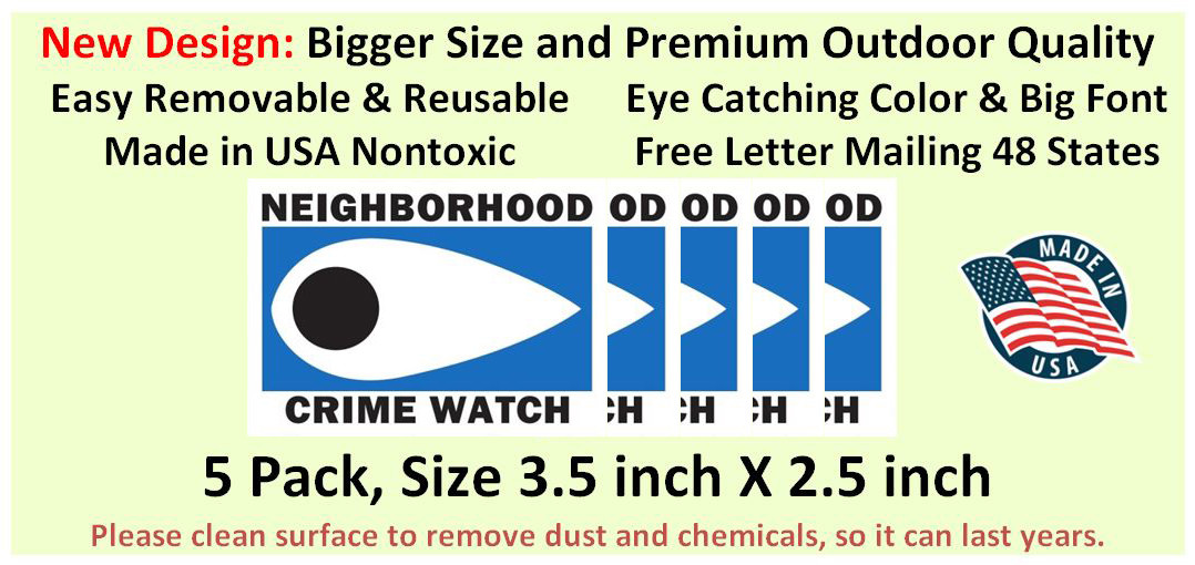 5 Neighborhood Crime Watch Vinyl Stickers Removable Low Glue No Residue 3.5X2.5