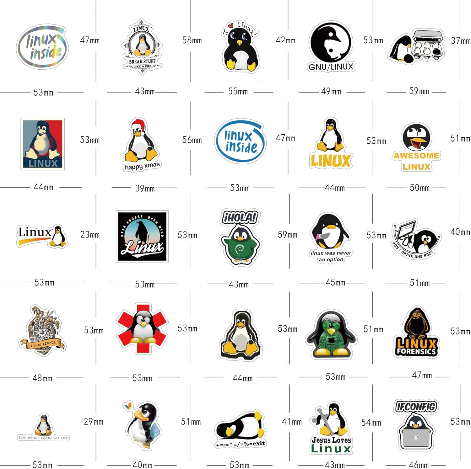 Linux Stickers 62pcs Work Decals Aesthetic Waterproof Vinyl Pack White
