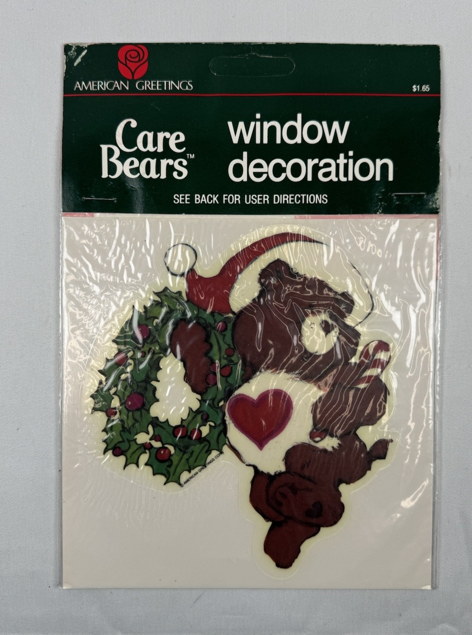 Vintage American Greeting Care Bears Christmas Window Cling Sticker 1980s NOS