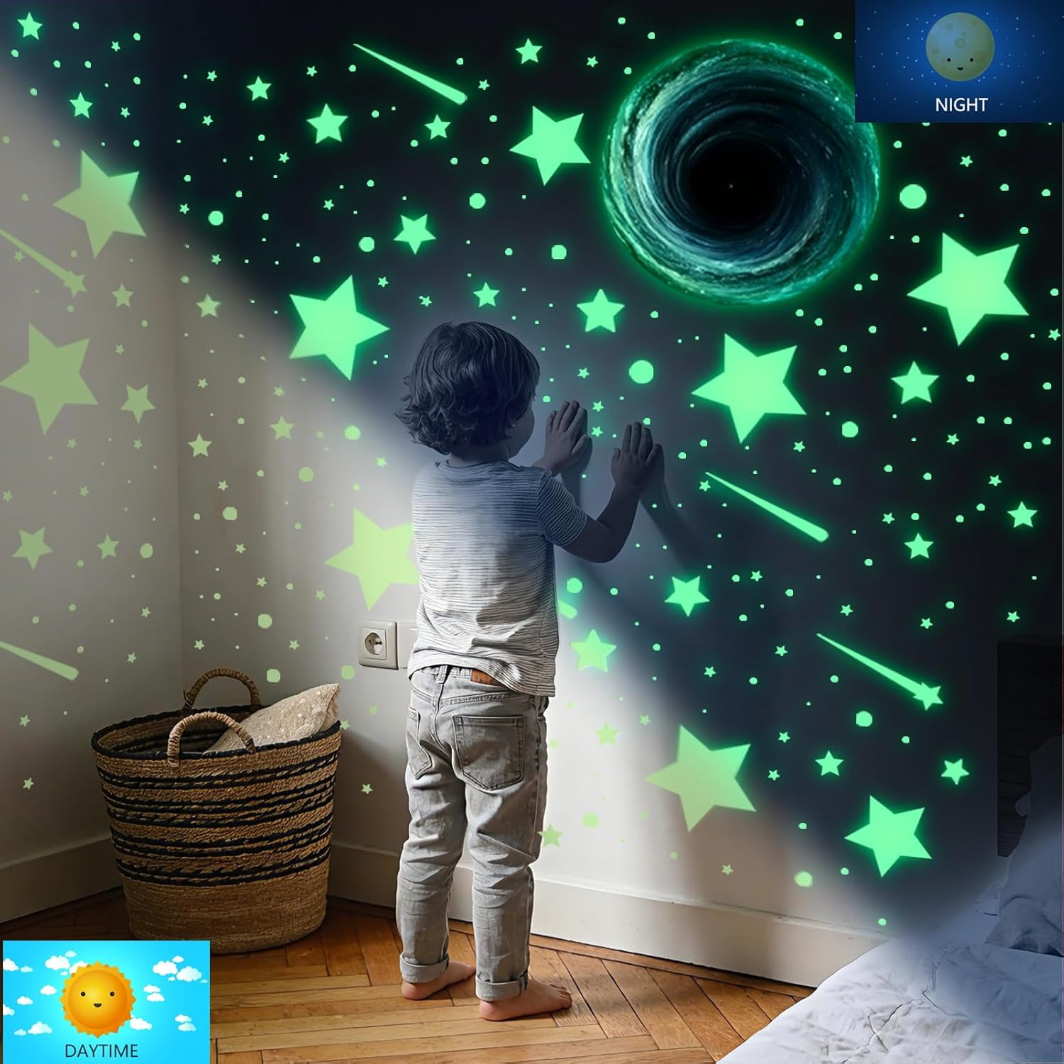 Glow in the Dark Star Space Wall Decals, 4 Sheets, Removable Peel and Stick Deco