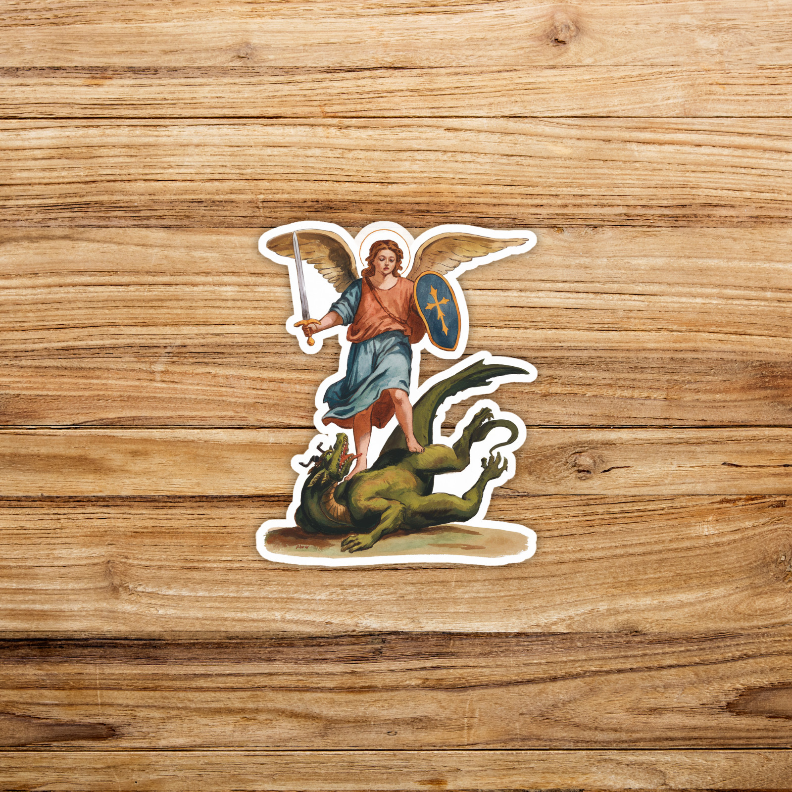 Archangel Michael Defeats Dragon Sticker – Watercolor Religious Art Decal #896