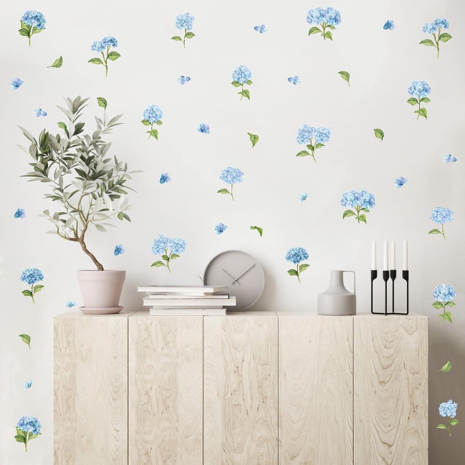 Watercolor Blue Hydrangea Wall Stickers, Blossom Floral Vinyl Wall Decals, Re…
