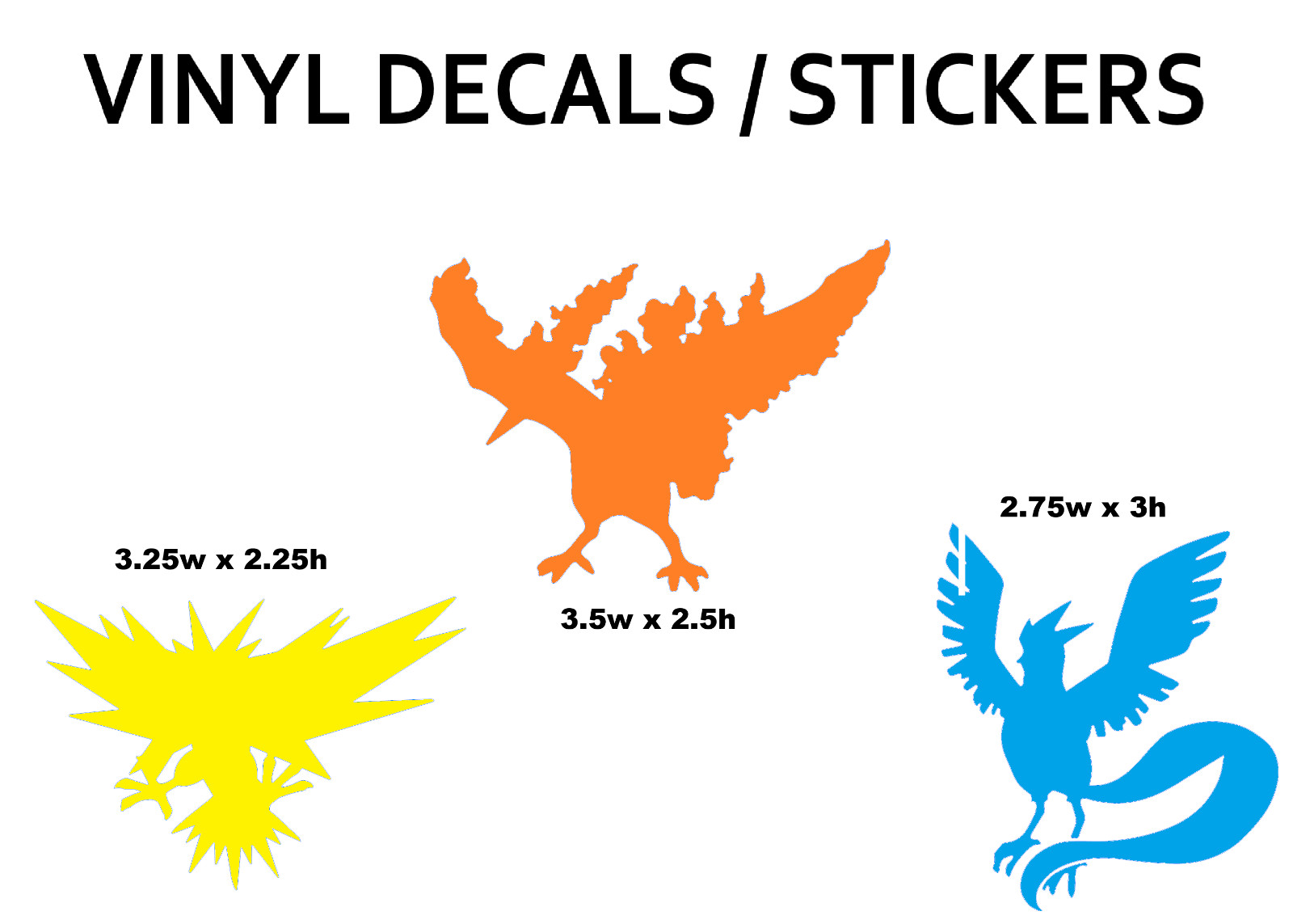 Pokemon Zapdos Moltres & Articuno Vinyl Stickers. Yellow, Orange, Blue