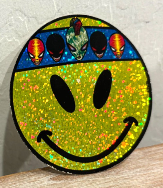 Vintage! Smiley Face with Alien Head Headband! ~Sticker ~Yellow Prism Glitter 3"