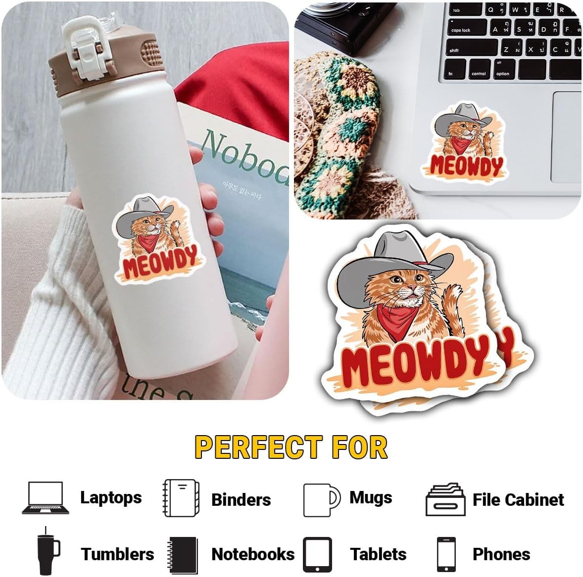 (3Pcs) Meowdy Cowboy Cat Sticker, Cars Trucks Windows Bumpers for Windows, Cars,