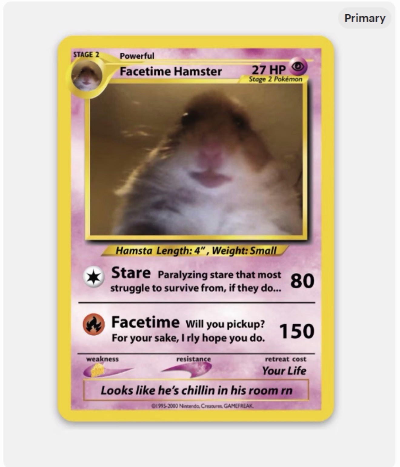 3” Hamster Pokémon Card Funny Sticker Vinyl Decal Matte Finish Dishwasher Safe