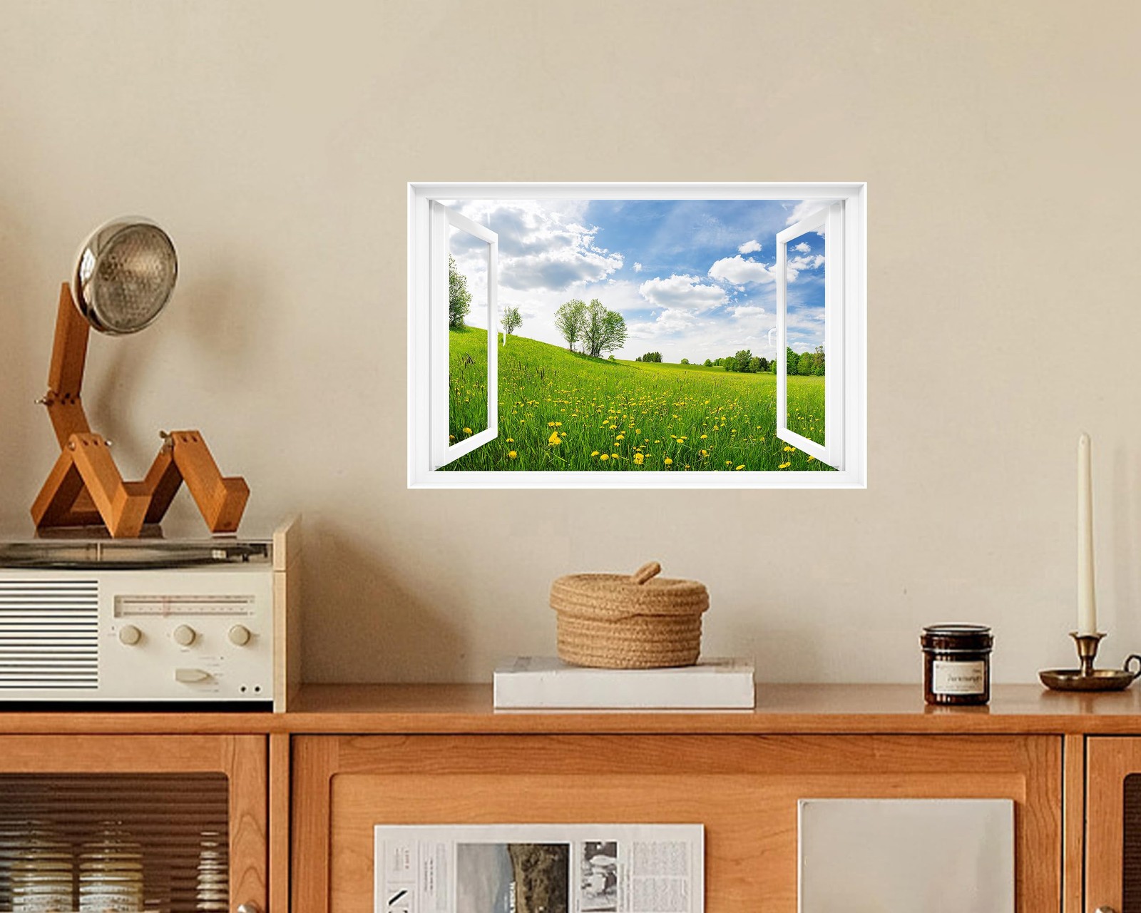 Fake Window Wall Decal – Spring Meadow View Faux Window Wall Mural for Home D…