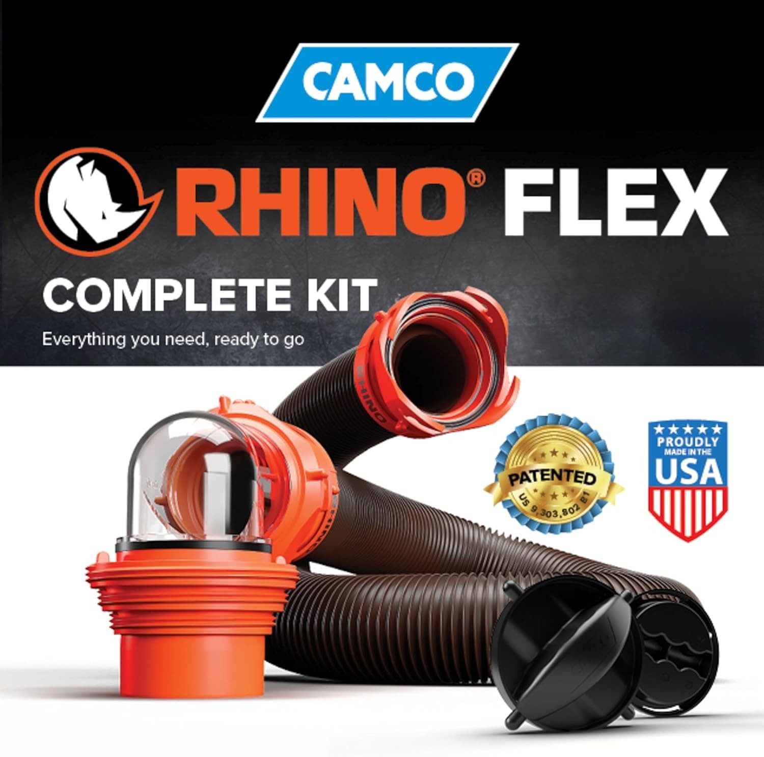 RhinoFLEX 15-Ft RV Sewer Hose Kit – Features Clear Elbow Fitting w/Removable 4-i