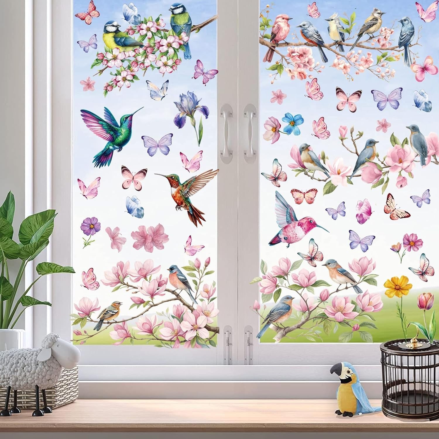 Spring Window Cling Sticker – 78PCS Tulip Butterfly Flower Hummingbirds Windo…
