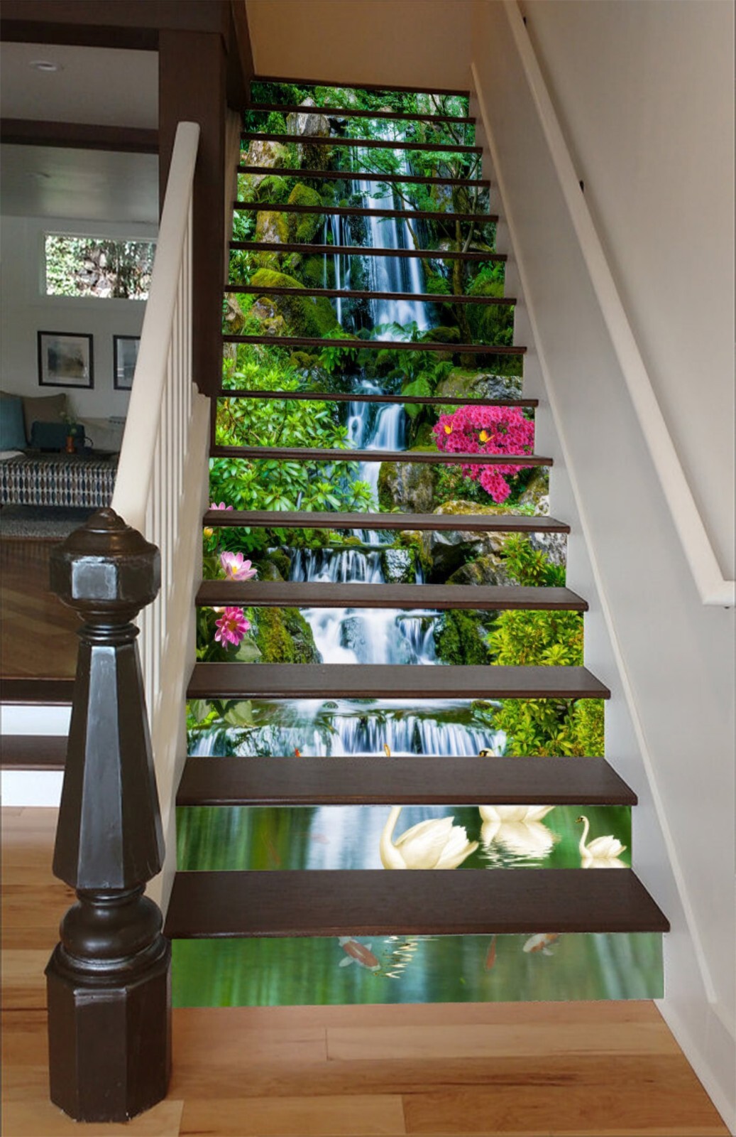 3D Waterfall Swan AZ953 Stair Risers Decoration Mural Vinyl Wallpaper Kay