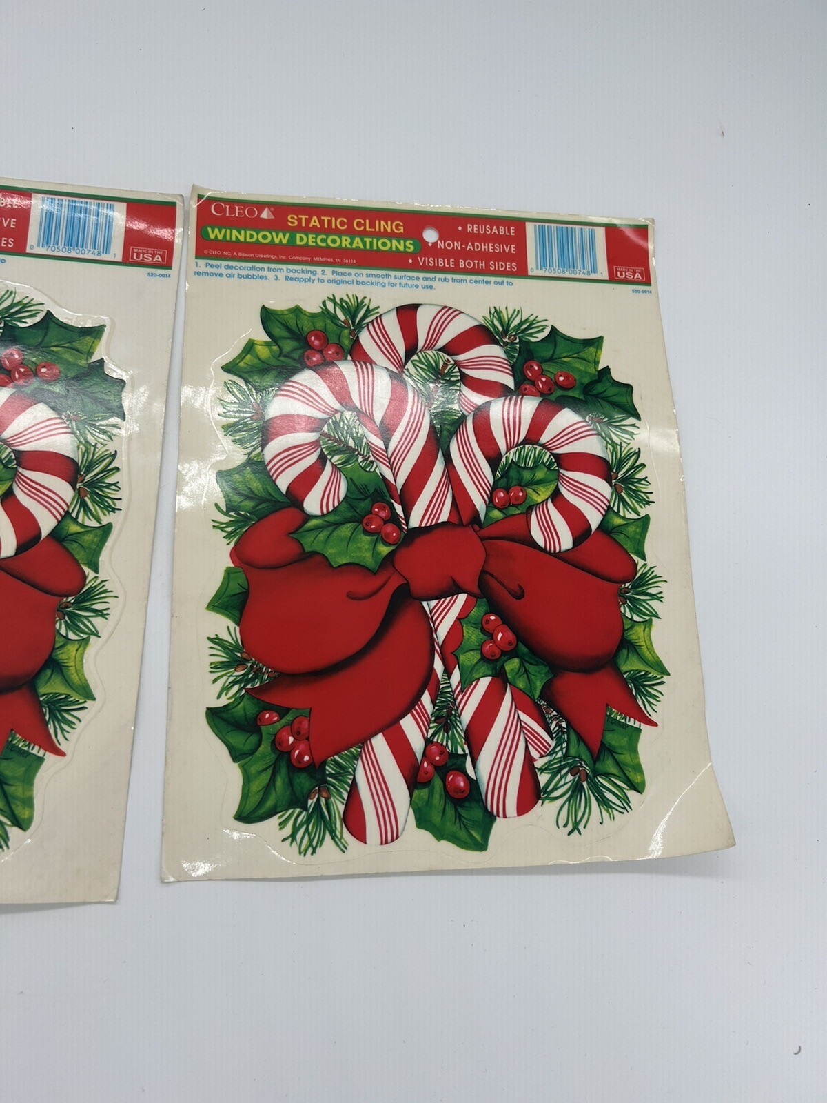 2 Vintage Cleo Christmas Static Window Clings Candy Canes Holly Berries Made USA