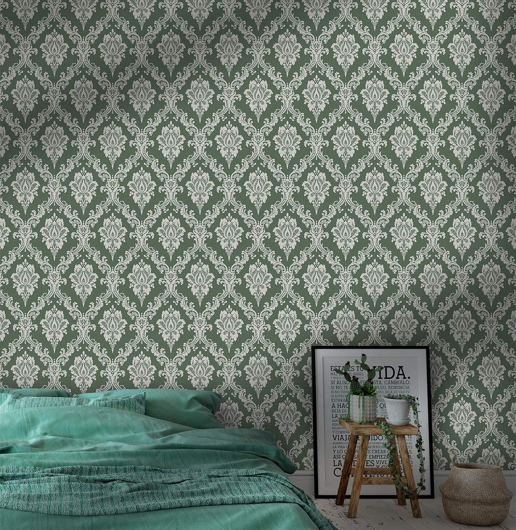 J1280-10M Damask Peel and Stick Wallpaper 17.7inx 32.8ft Lake Green/Silver Re…