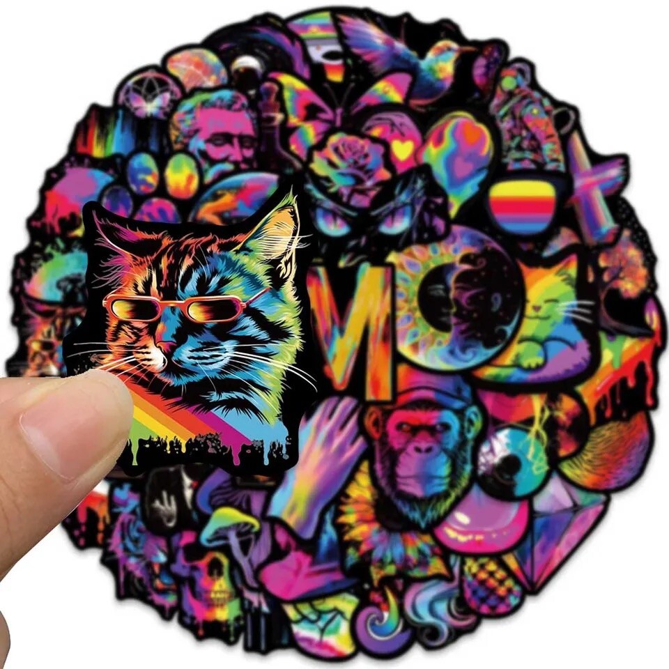 Rainbow Tie Dye Stickers 50pk Trippie Hippie Graphics Stickers Random Mixed