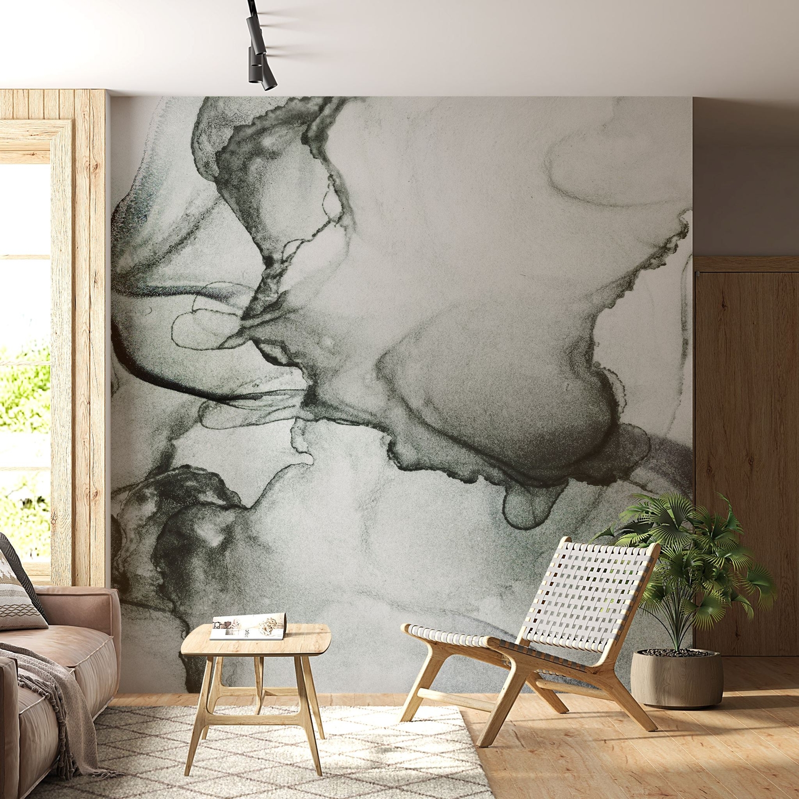 Abstract Black and White Fluid Alcohol Ink Painting Wall Mural. Peel and Stick W