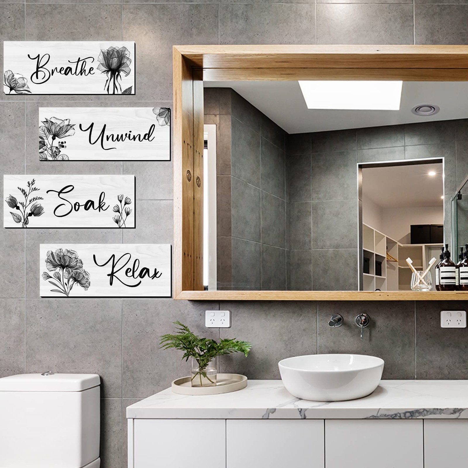 4 Wooden Wall Art Plaques – Large Bathroom Decor for Home Spa & Laundry black