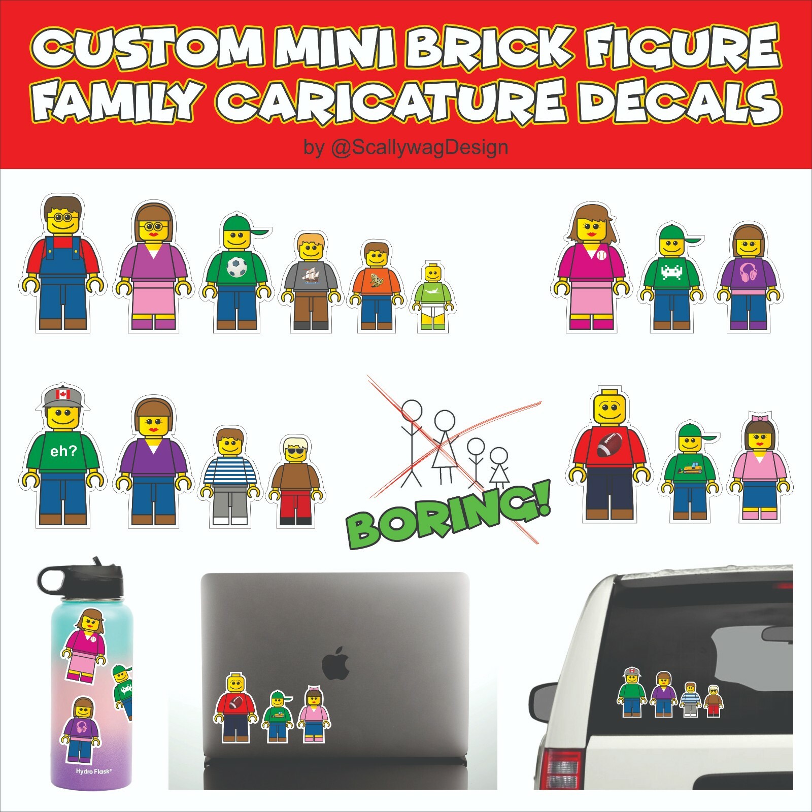 Lego Inspired Brick Mini Figure Family Caricature Vinyl Decal Sticker Car Laptop