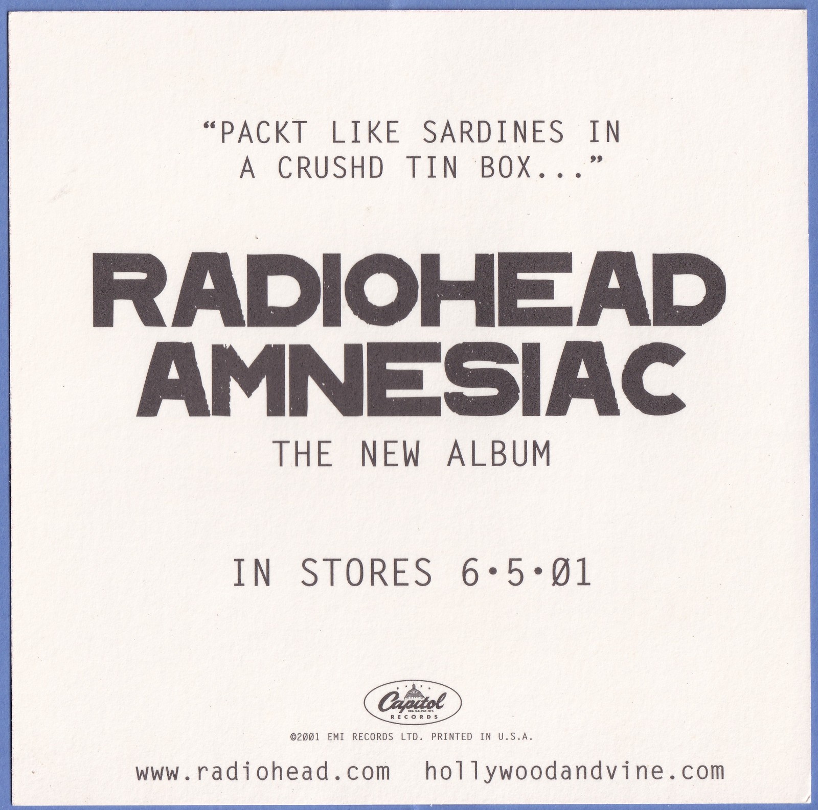 Radiohead Amnesiac Promo Postcard 2001 6" x 6"