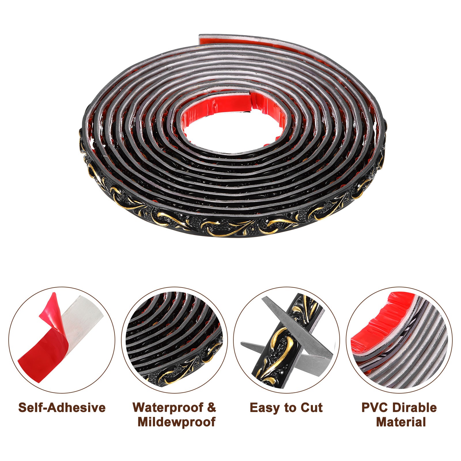 Flexible Wall Trim Molding 16.4Ft x 0.79Inch Adhesive Wave Black Gold