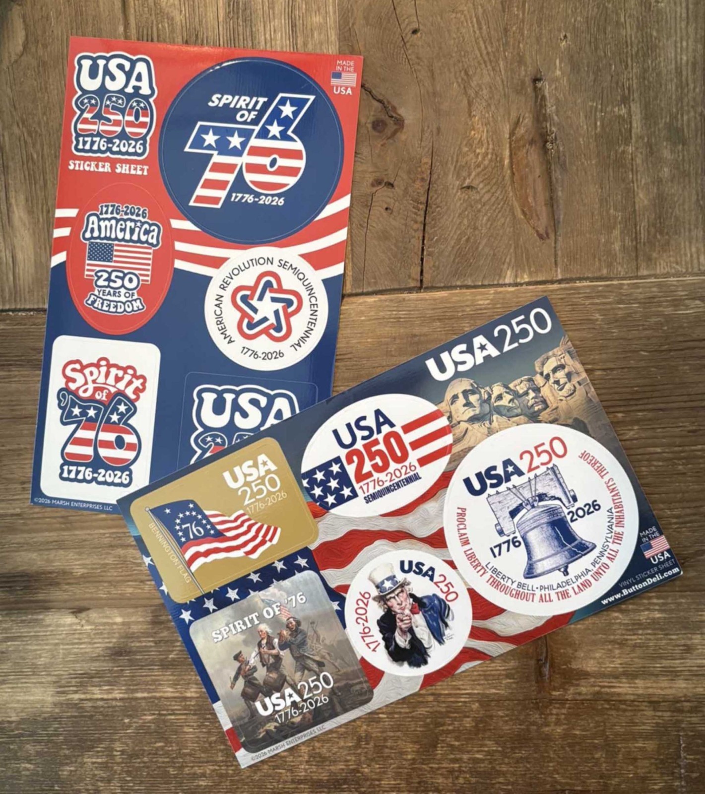 2 Die Cut Sticker Sheets – USA 250 1776-2026 Spirit of 76 Decals