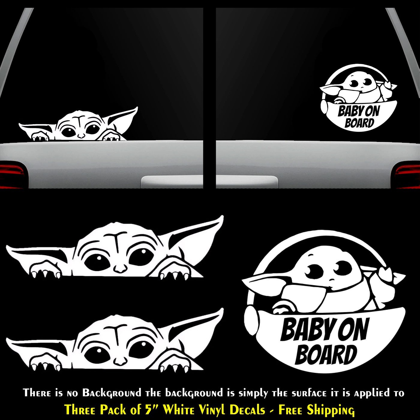 Baby Yoda Peeking & Baby on Board Three 5" White Vinyl Decals Car Truck Window