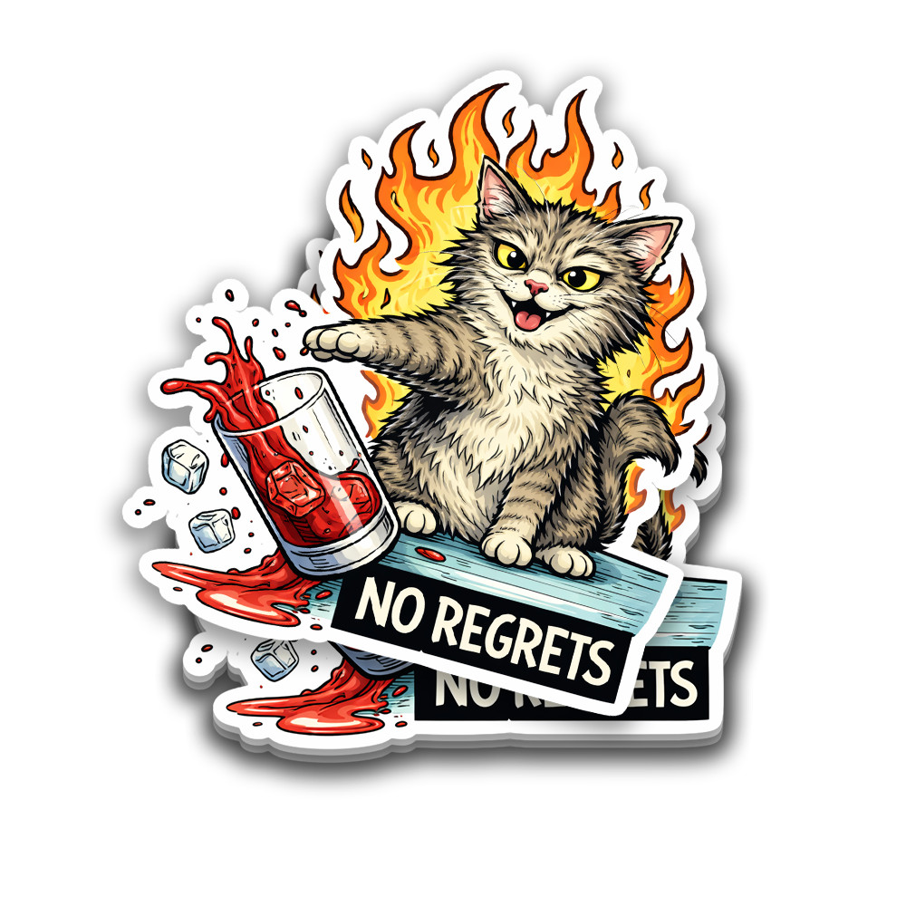 No Regrets Cat Sticker 4 Inch Vinyl Waterproof Decal Original Kitten Art Graphic
