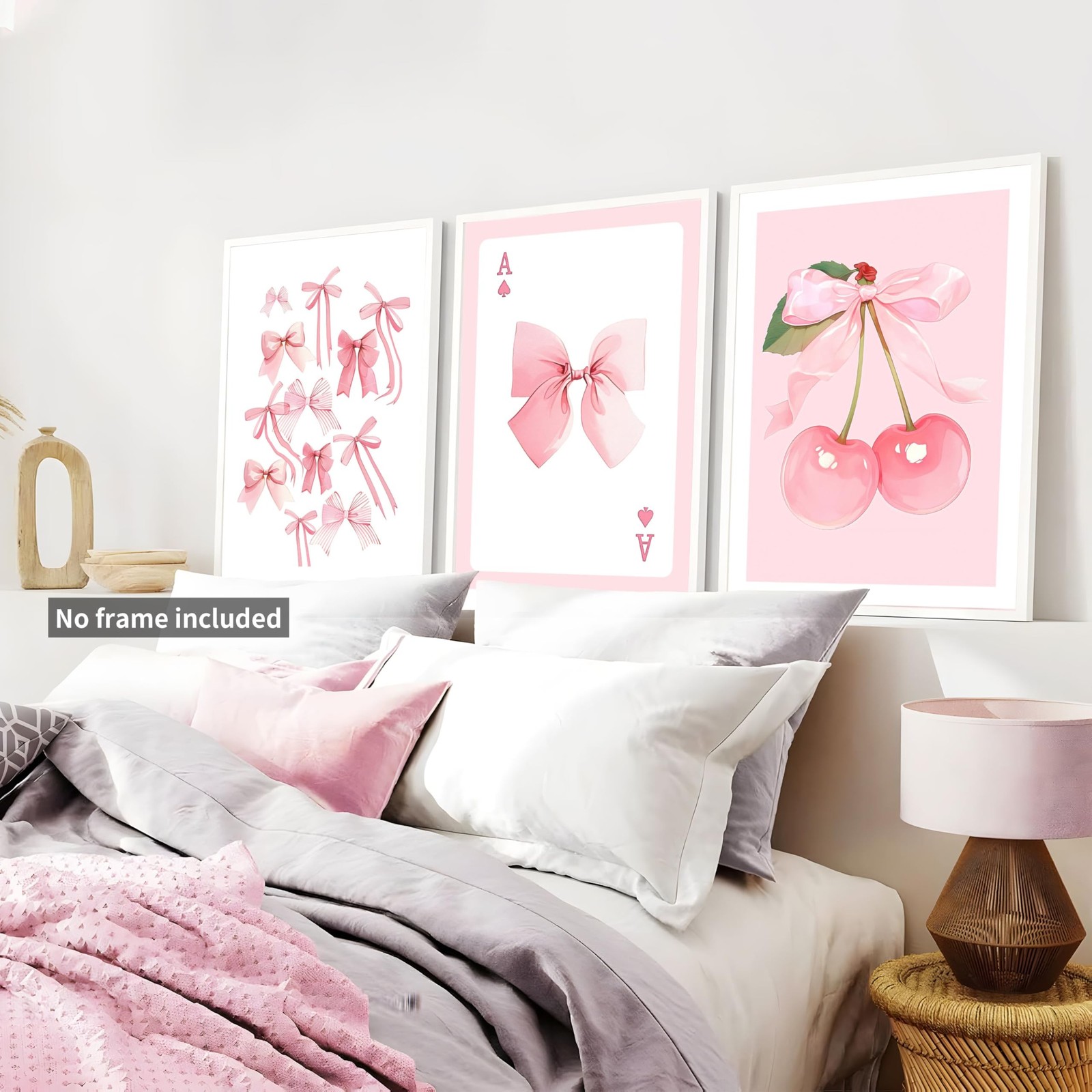 Trendy Pink Bows Posters Wall Art Set of 3, Vintage Preppy Cherry Picture Pri…
