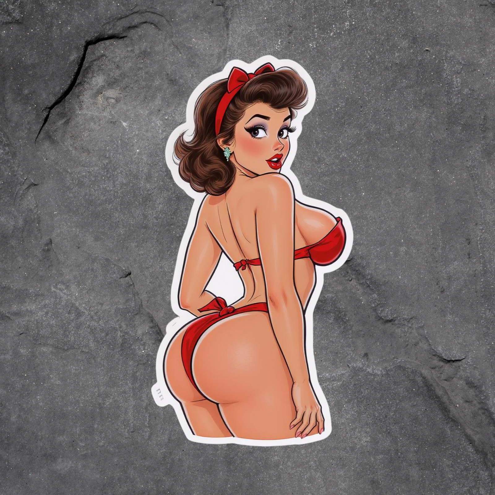 Pinup Girl Sticker Vinyl Decal Red Bikini Thong Bow Retro Brunette Cheeky Pose