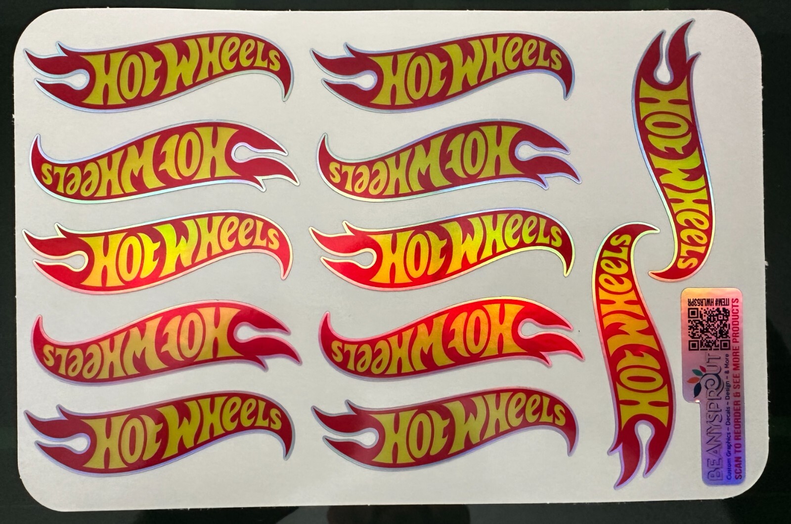 Hot wheels Holographic vinyl logos 3" long sheet of 12 decal stickers