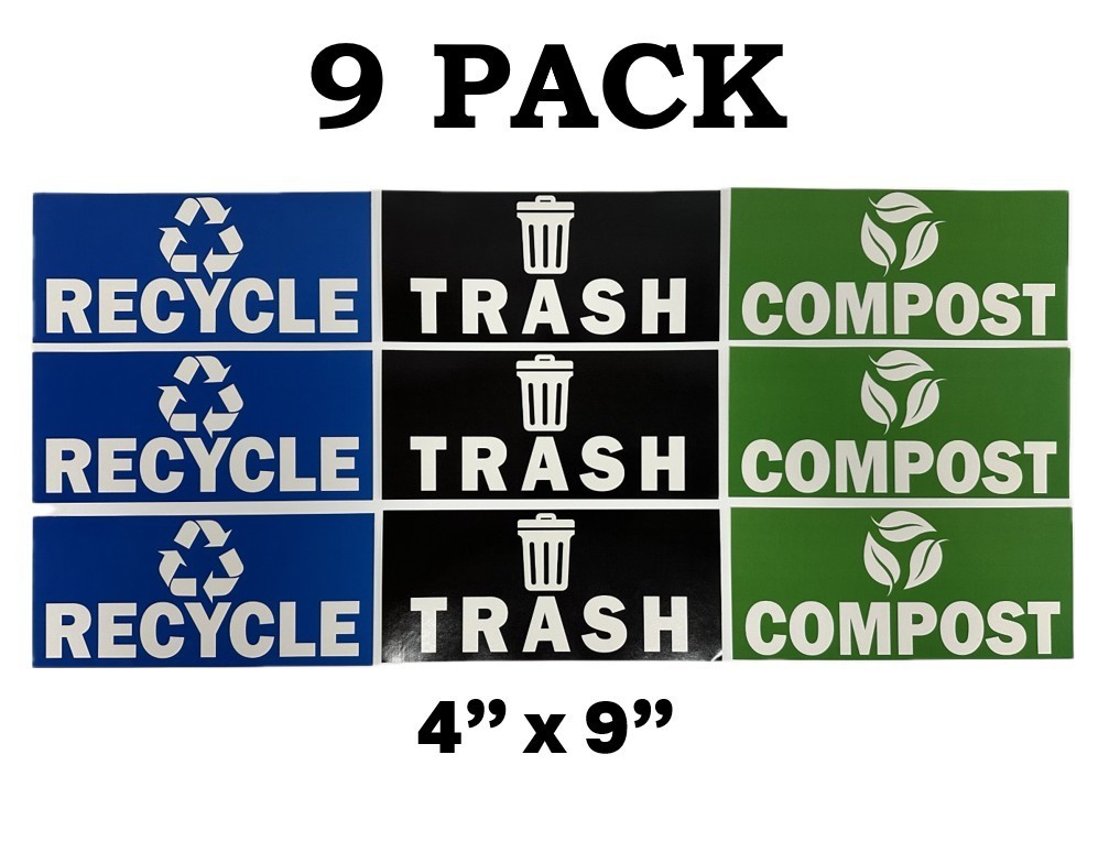 9 PACK! Trash Can Stickers, Set of 4" x 9" Recycle Compost Waste Bins Recycling