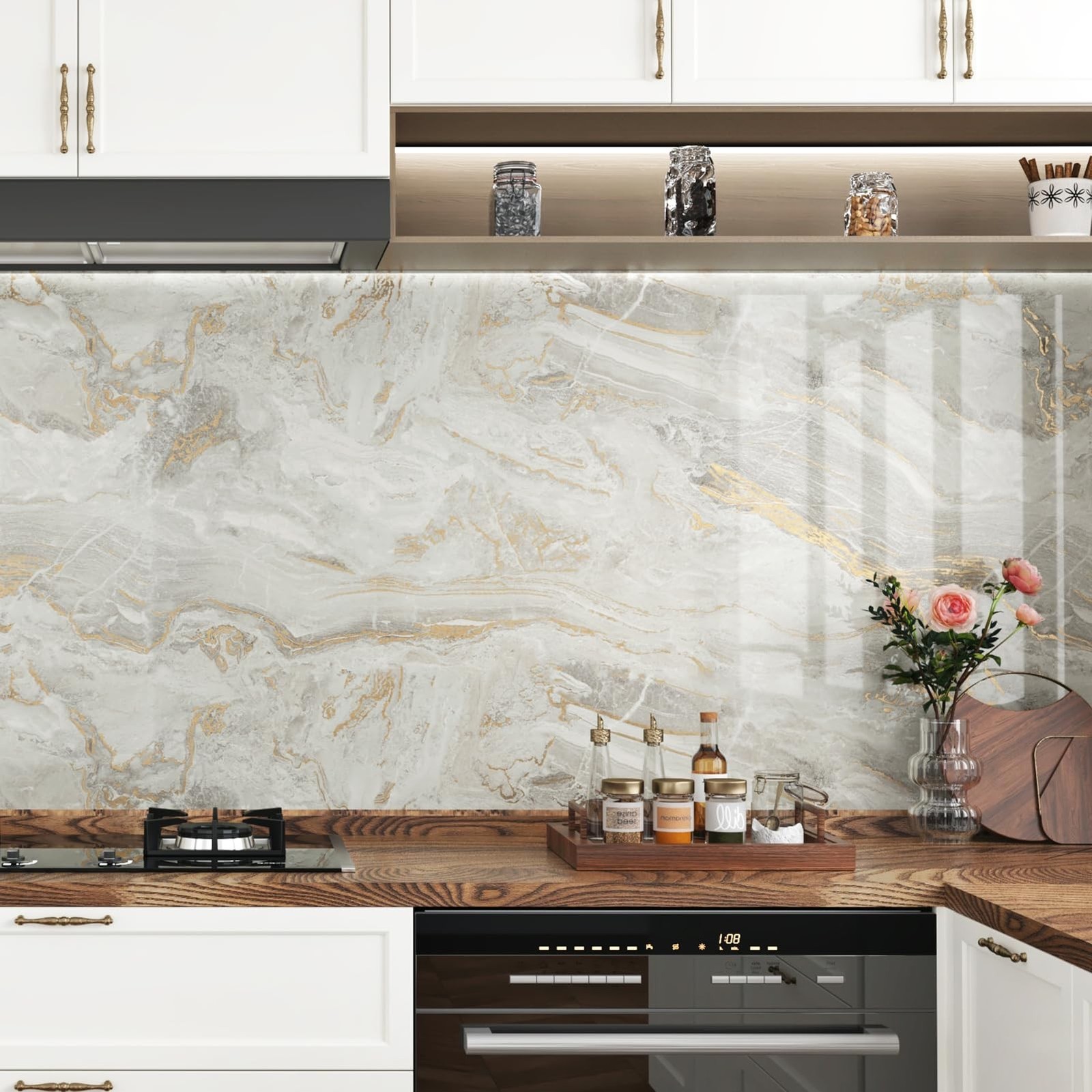 Beige/Gold Marble Contact Paper Peel and Stick Countertop Shiny Marble Counte…