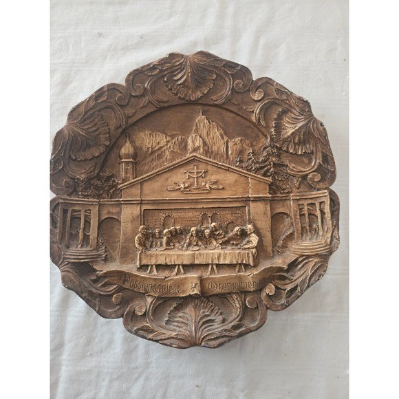 Vintage Wooden Carving The Last Supper Wall Plaque Mountain Scene Decor