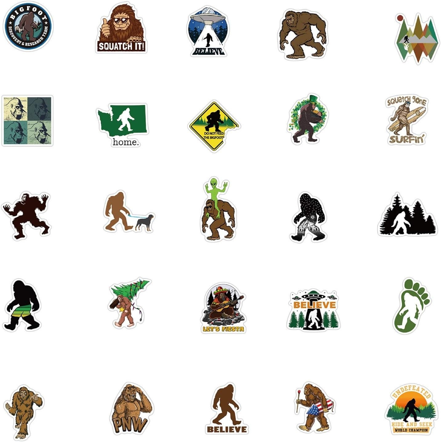 50 Count Bigfoot Stickers Variety Pack for Water Bottles, Laptops, Skateboards