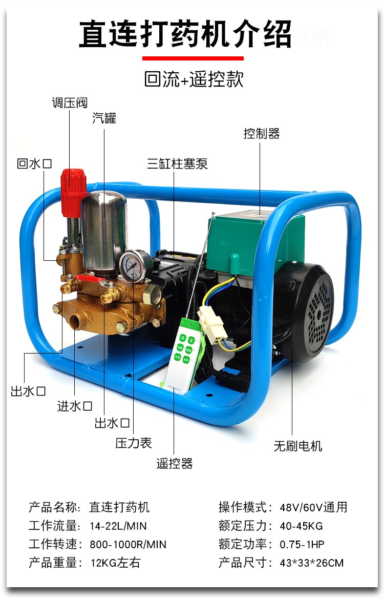 Agricultural Sprayer Automatic Pressure Relief Three-Cylinder Plunger Pump 48V
