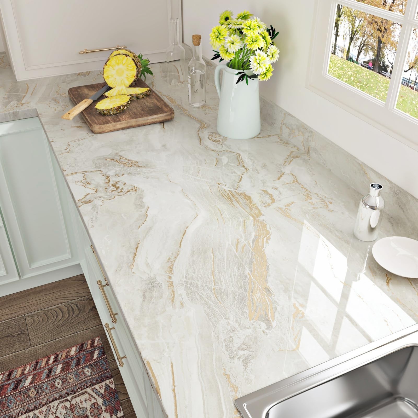 Beige/Gold Marble Contact Paper Peel and Stick Countertop Shiny Marble Counte…