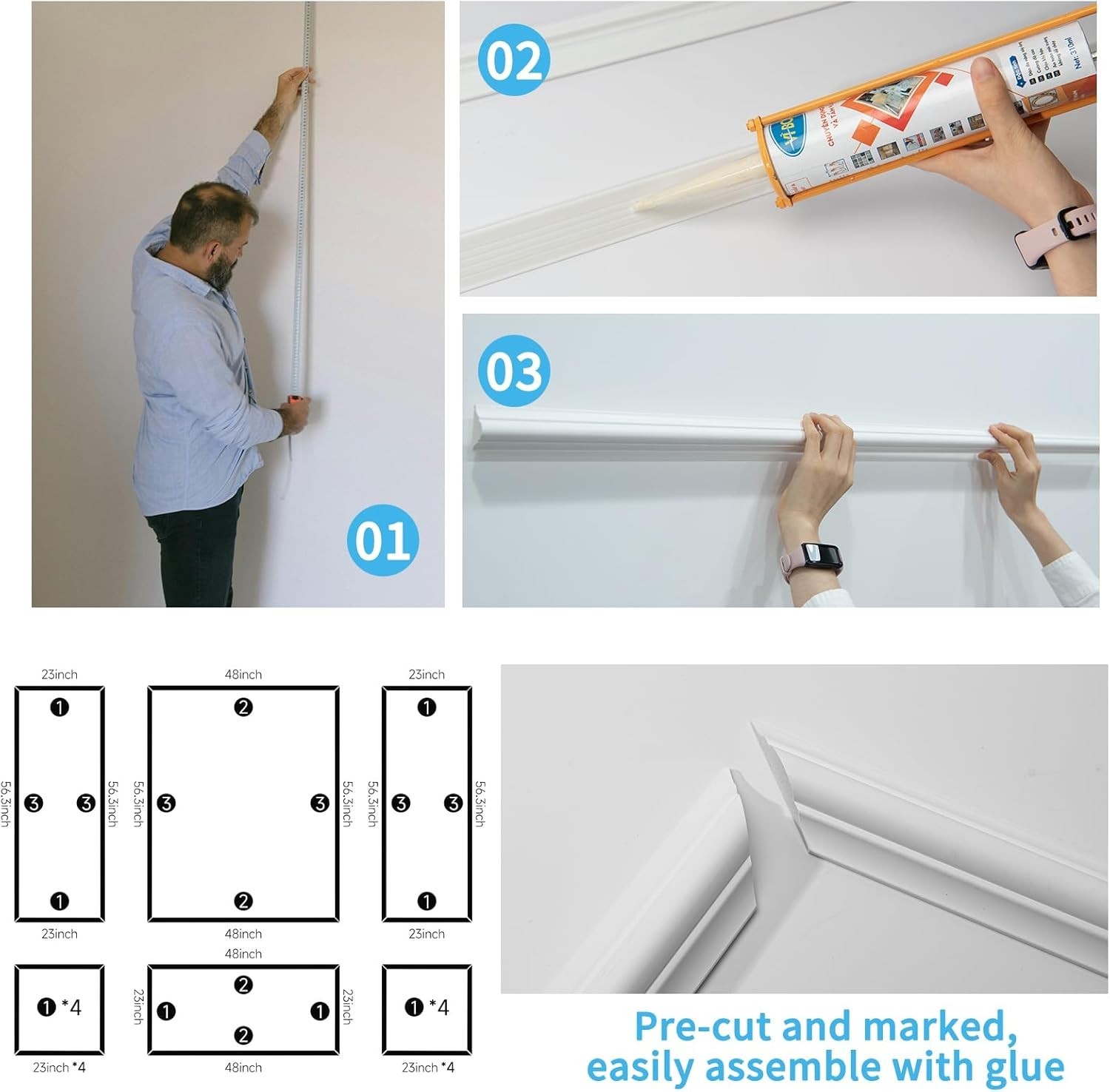 Pre-Cut Wall Molding Set of 6 Pieces with Polyurethane Material for Interior