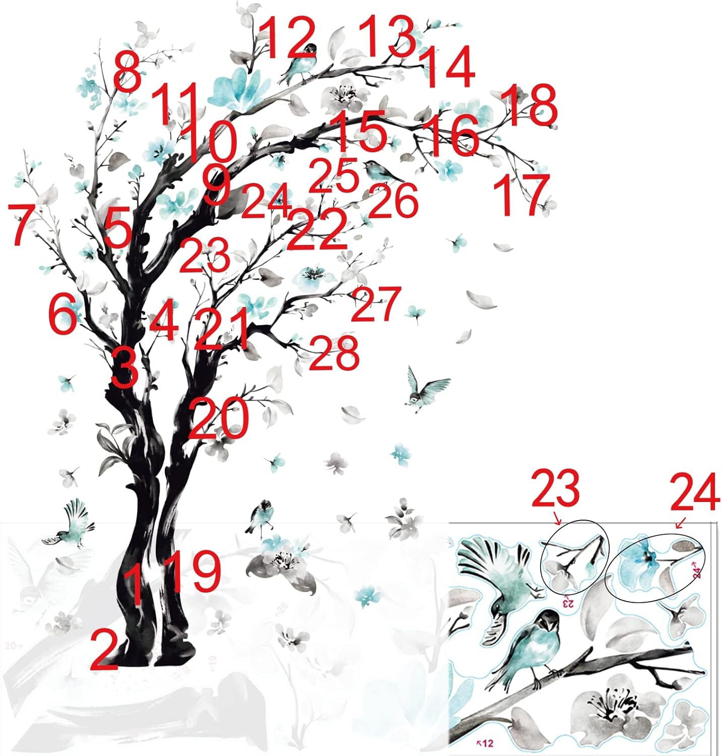 decalmile Large Watercolor Tree Wall Decals Blue Flower Branch Multi Color