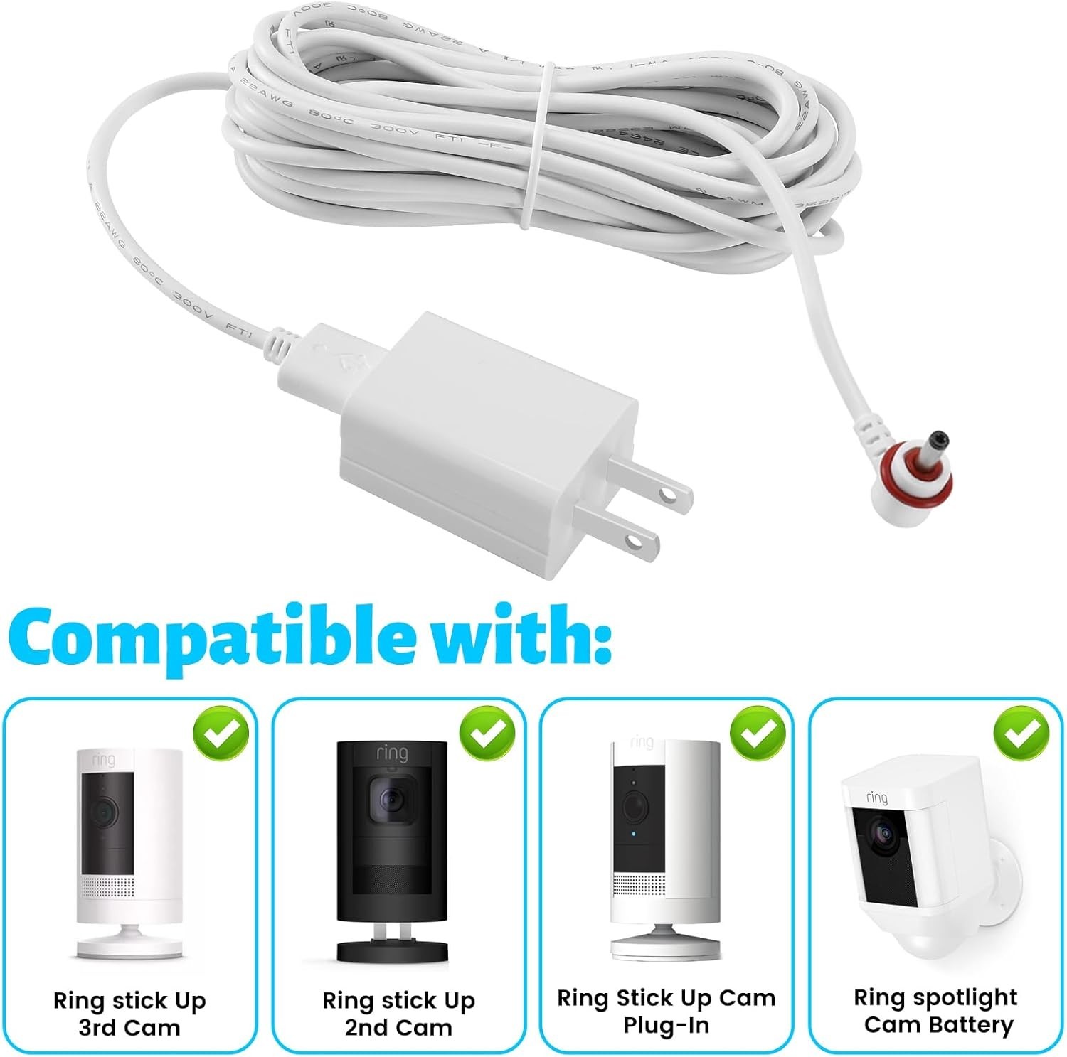 Ring Camera Power Cord Adapter, 16Ft Waterproof Cable, 2-Pack