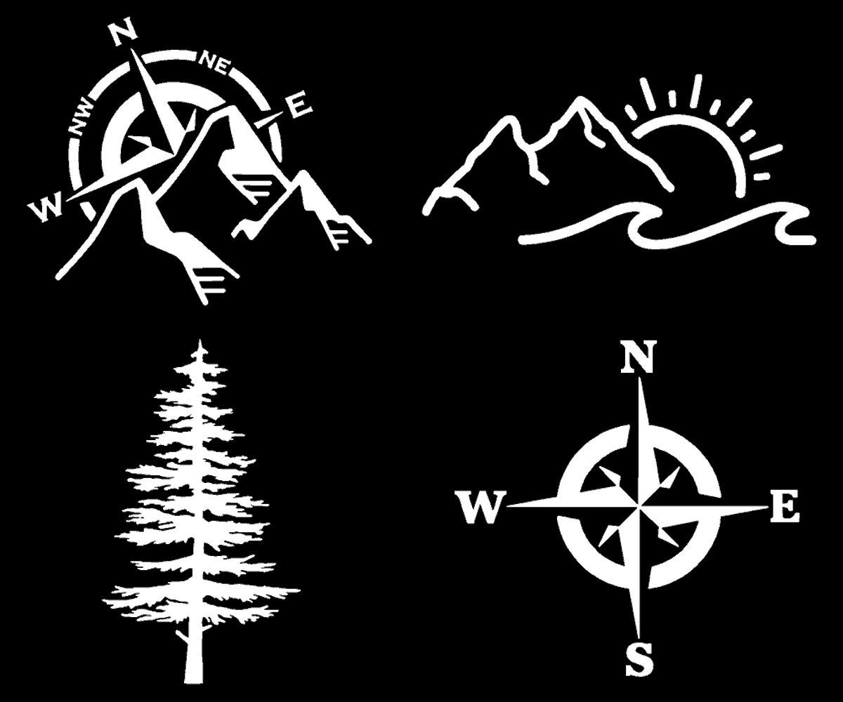 Mountain Decal 4 Pack: Compass, Sun Waves, Pine Tree, Small 3.5" White