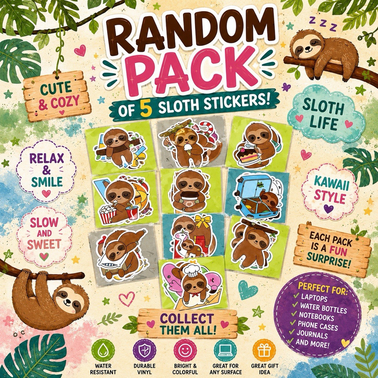 Random Pack of 5 Sloth Stickers Cute Kawaii Vinyl Decals Laptop Water Bottle