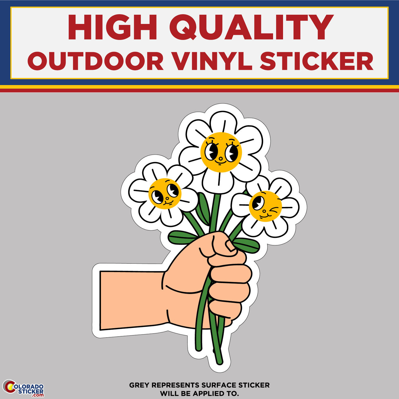 Hand Holding 3 Daisy Flowers, High Quality Vinyl Stickers