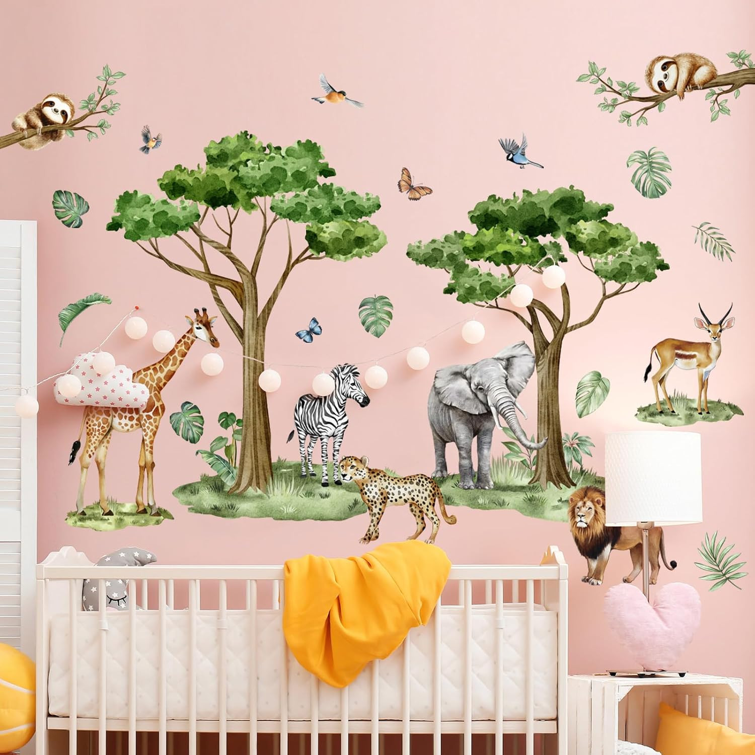 Watercolor Safari Animals Tree Wall Decals Removable Jungle Giraffe Lion Elephan