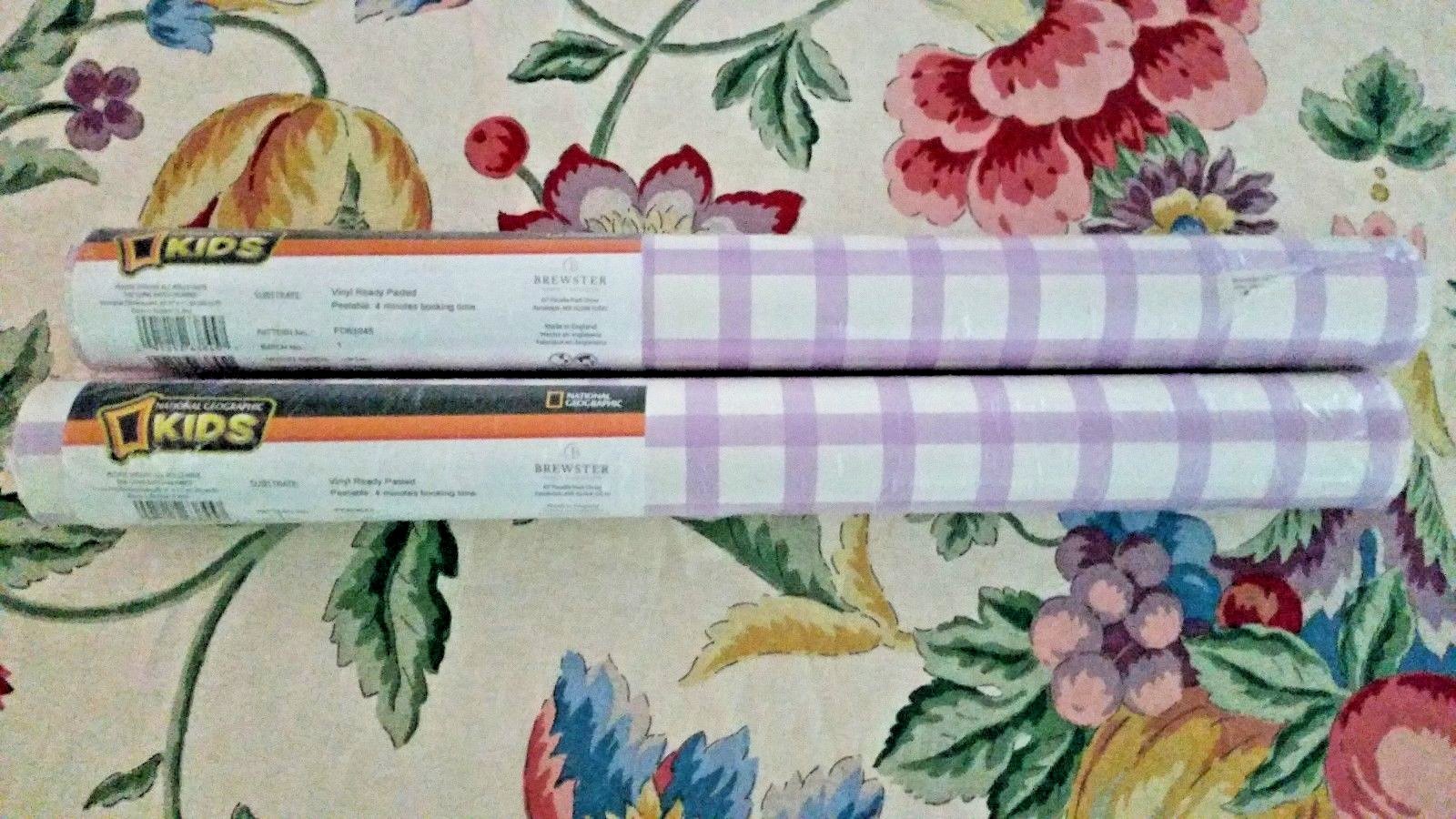 NWT Lot of 2 Brewster Home 56 sq.ft.Purple White Checker Vinyl Wall RollsFD63845