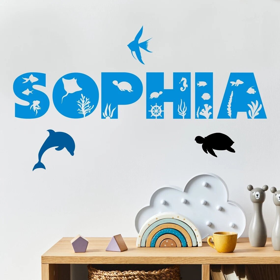 Custom Ocean Name Wall Decal, Ocean Theme Bedroom, Nursery Bedroom Decor,